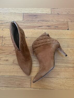 Joan Oloff Brown Leather Quilted Ankle Booties Pointed Toe Stiletto Size 7